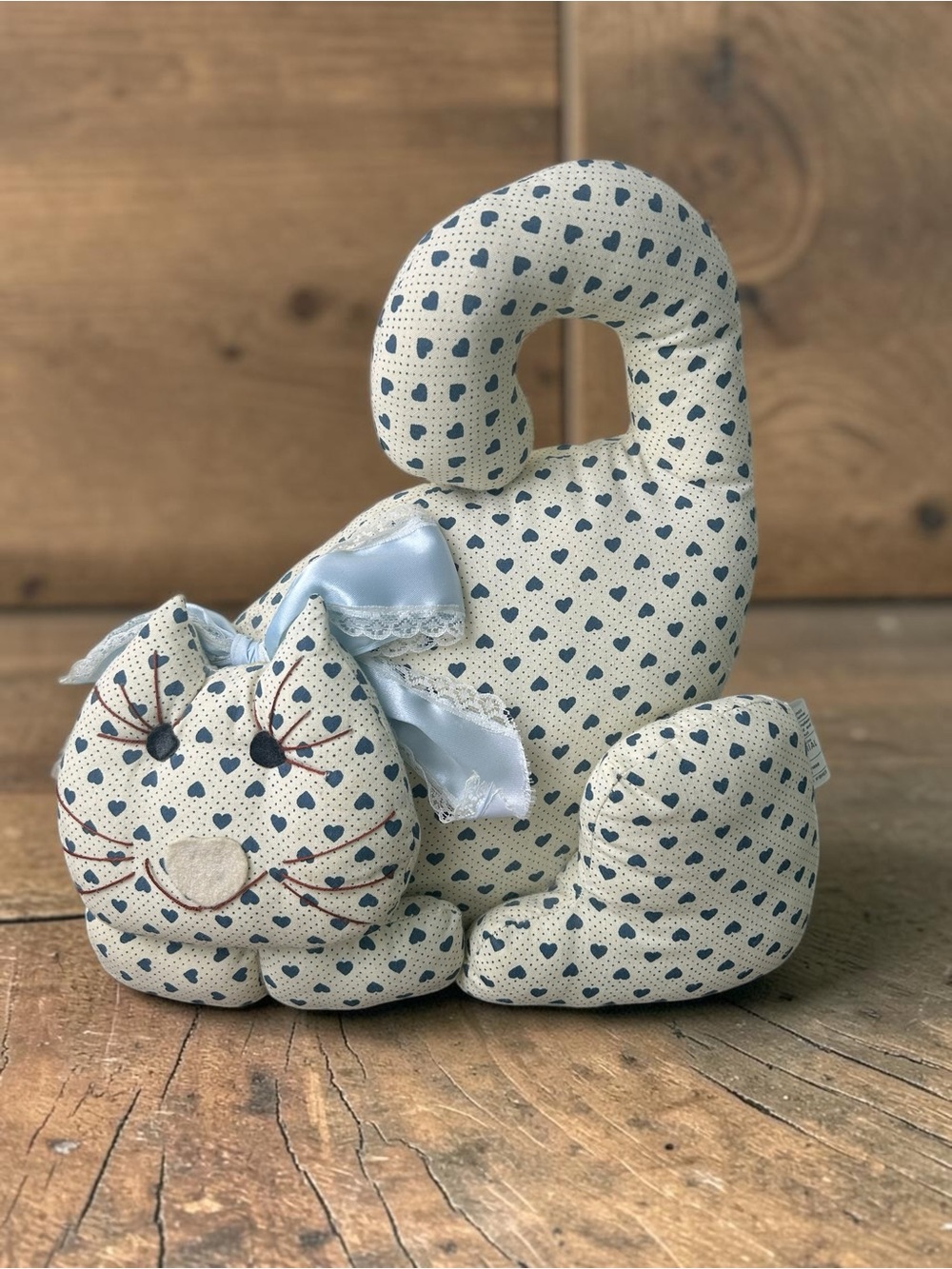 Vintage Fabric Cat Doorstop Blue Heart Print